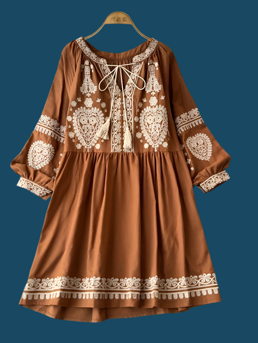 Georgia's Embroidered Boho Cotton Linen Long Sleeves Mini Dress