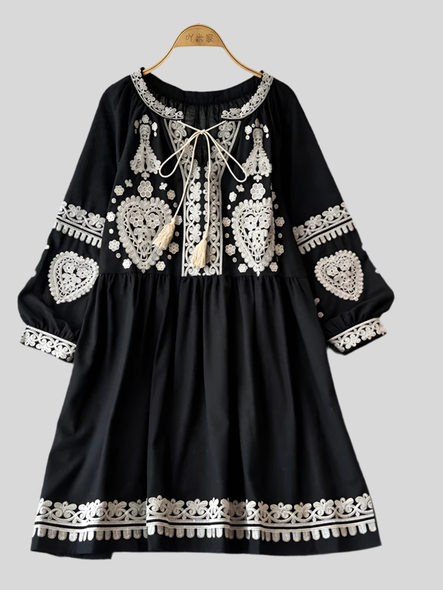 Georgia's Embroidered Boho Cotton Linen Long Sleeves Mini Dress