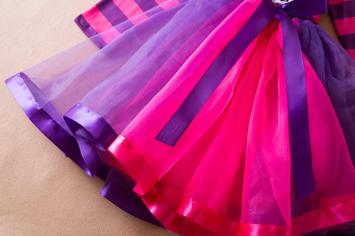 Cheshire Cat Costume Pink Purple Striped Hooded Dress Cosplay Alice in Wonderland Book Week Costume