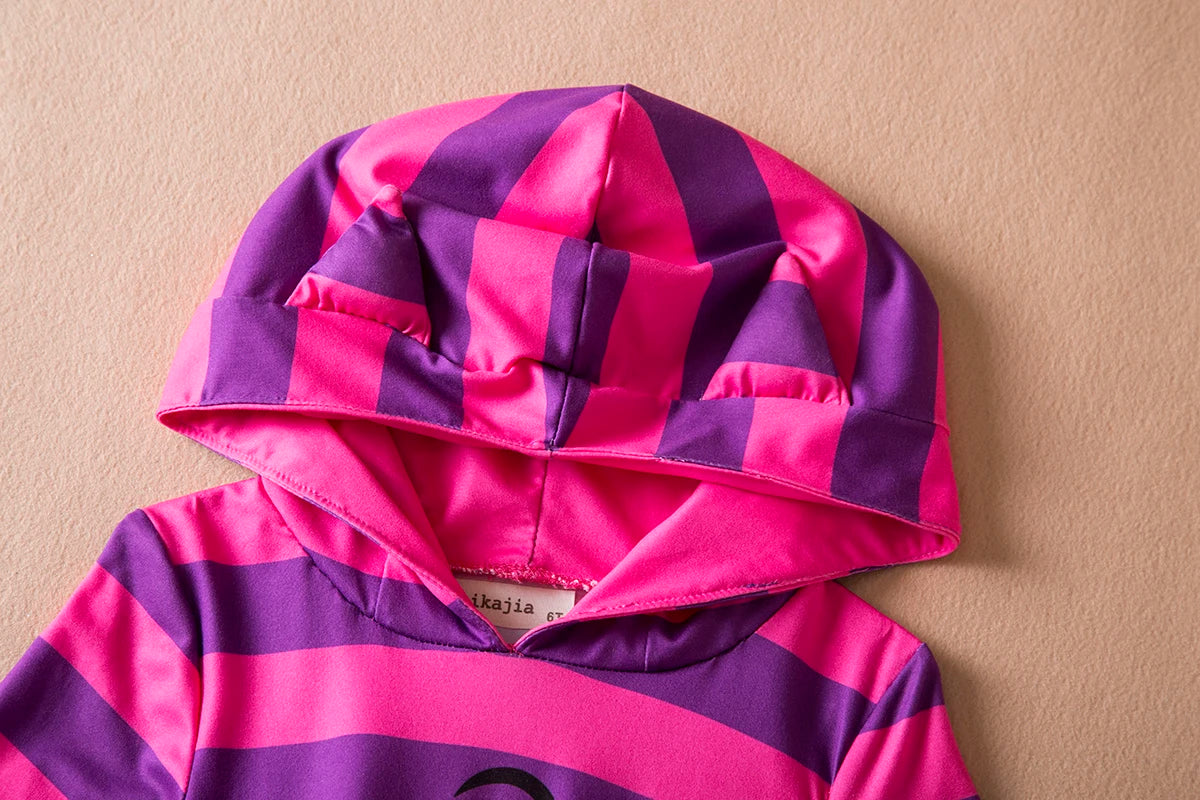Cheshire Cat Costume Pink Purple Striped Hooded Dress Cosplay Alice in Wonderland Book Week Costume