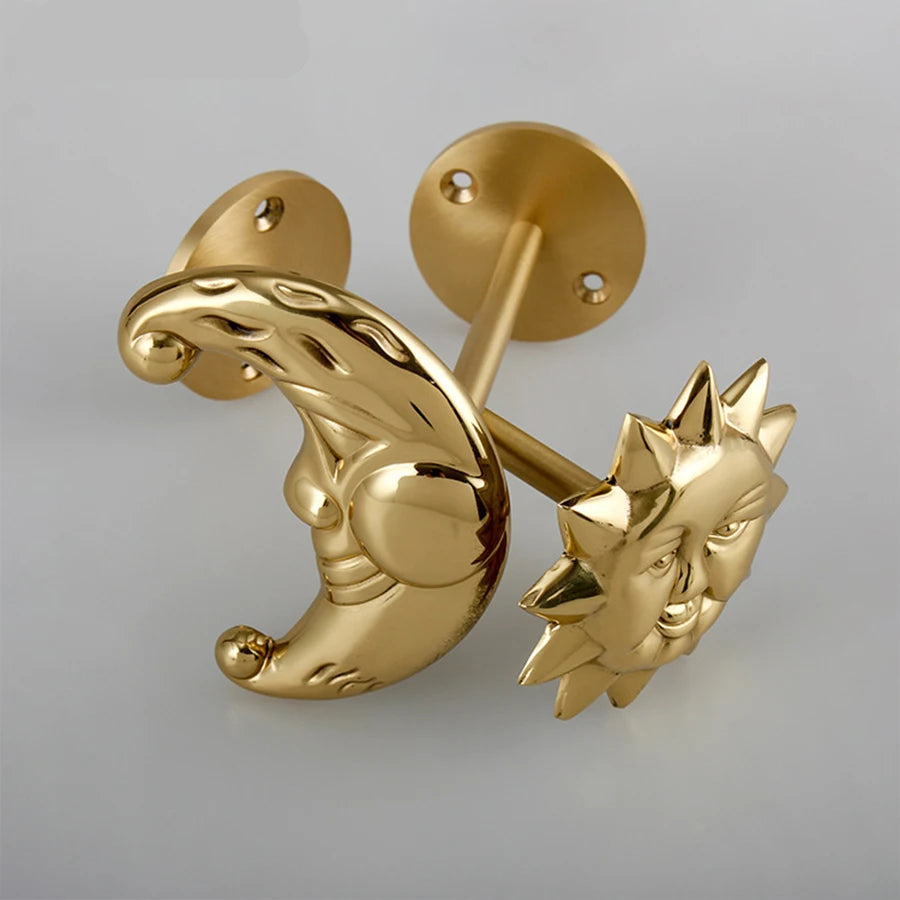 Brass Celestial Sun and Moon Face Golden Curtain Tieback Hook