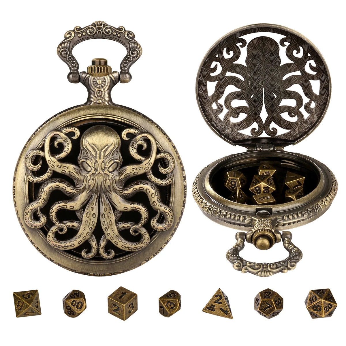 Brass DND Dice Case Vintage Cthulhu Pocket Watch One Eyed Octopus Pocket Watch Style Case