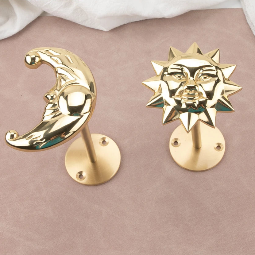 Brass Celestial Sun and Moon Face Golden Curtain Tieback Hook