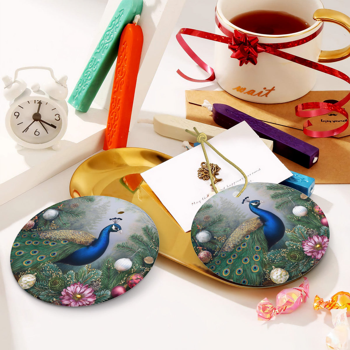 Winter Peacock 1 Ceramic Christmas Round Ornament