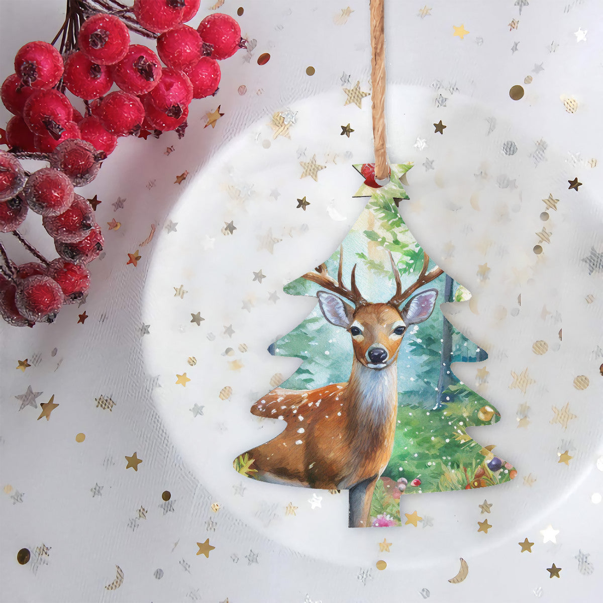 Woodland Deer Wooden Christmas Tree Hanging Ornament