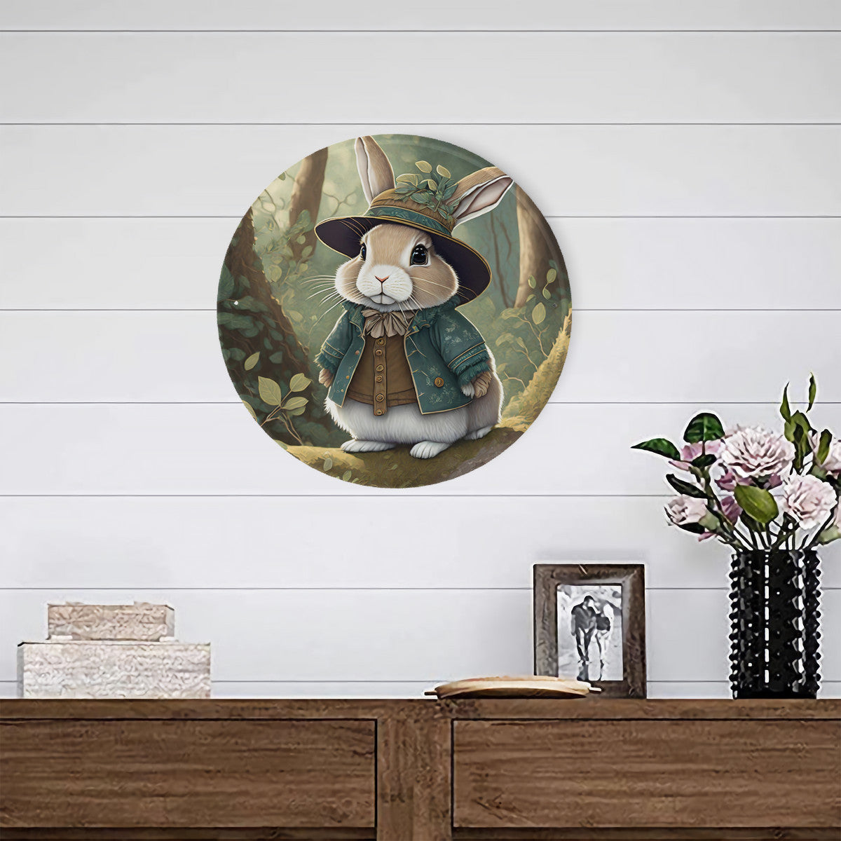 Sweet Woodland Bunny Round Steel Metal Wall Art Decor