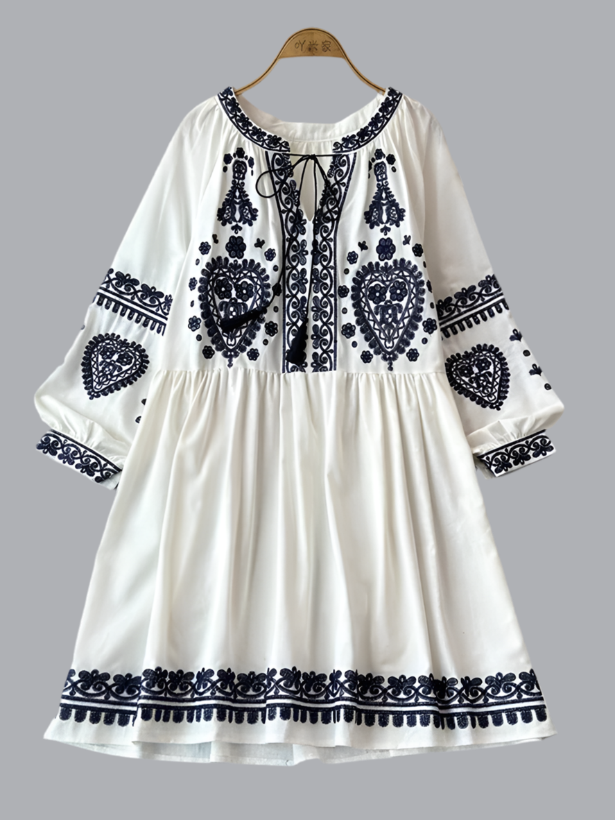 Georgia's Embroidered Boho Cotton Linen Long Sleeves Mini Dress