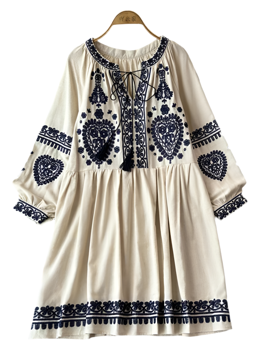 Georgia's Embroidered Boho Cotton Linen Long Sleeves Mini Dress