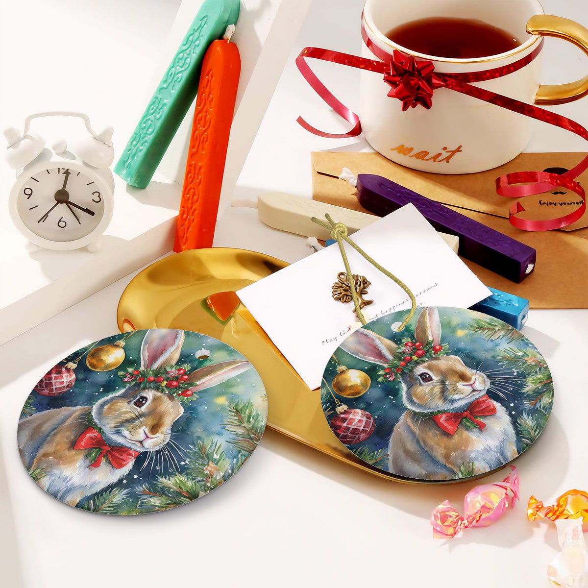 Bunny Rabbit Ceramic Christmas Round Ornament