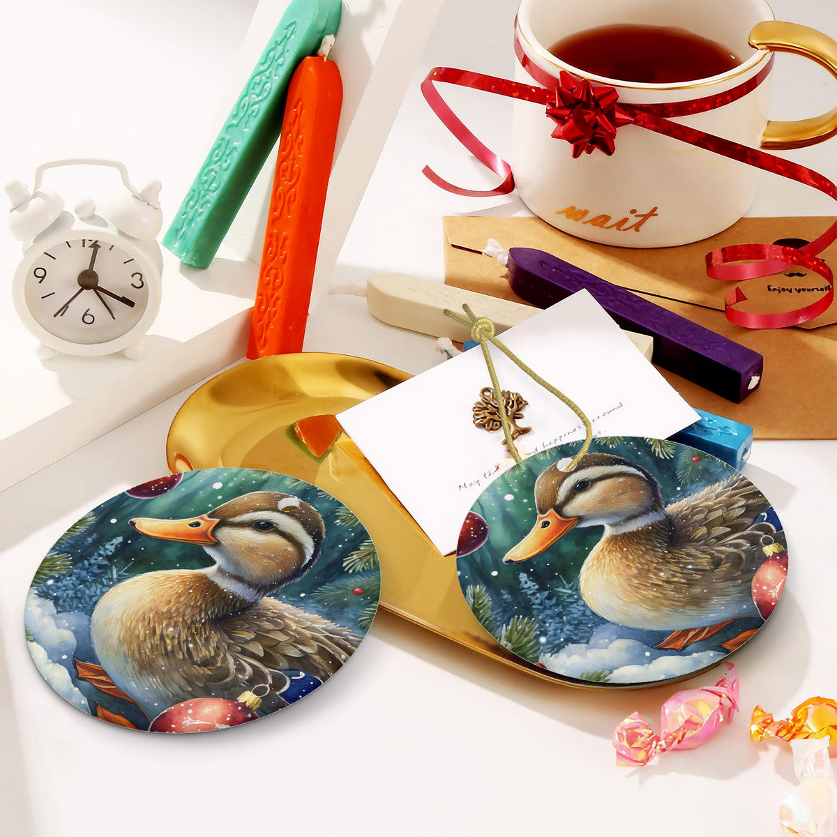 Brown Duckling Ceramic Christmas Round Ornament