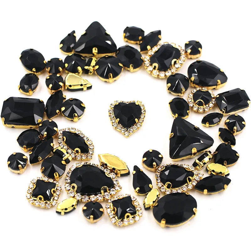 50pcs/Bag Shiny Mixed Shape Sew On Glass Rhinestone Gold Claw Crystal Buckle DIY Decoration 24 Colours