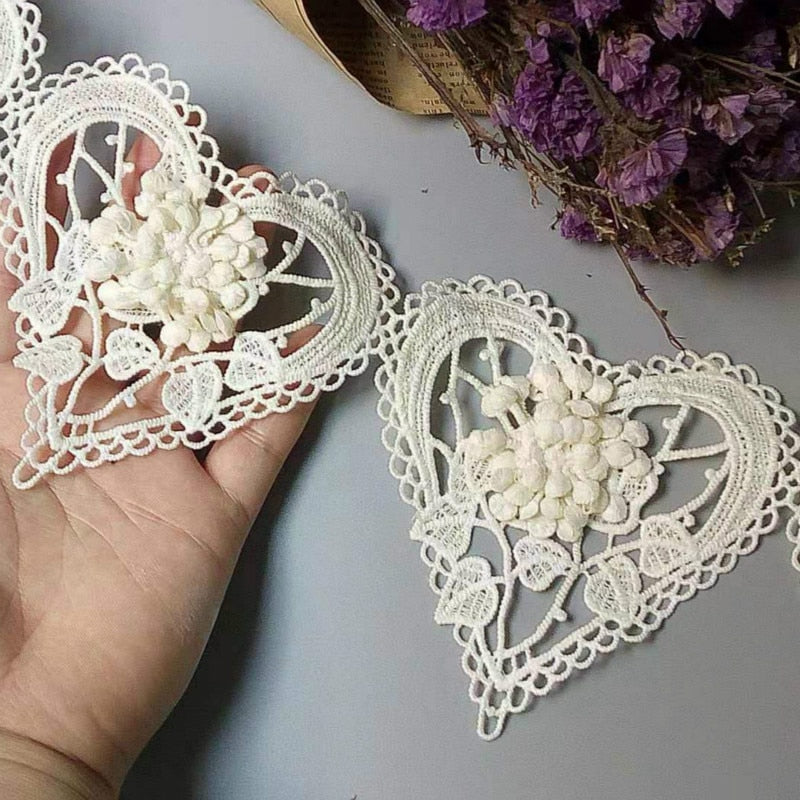 Ten Embroidered Cotton Lace Heart Flowers Lace Ribbon Trim