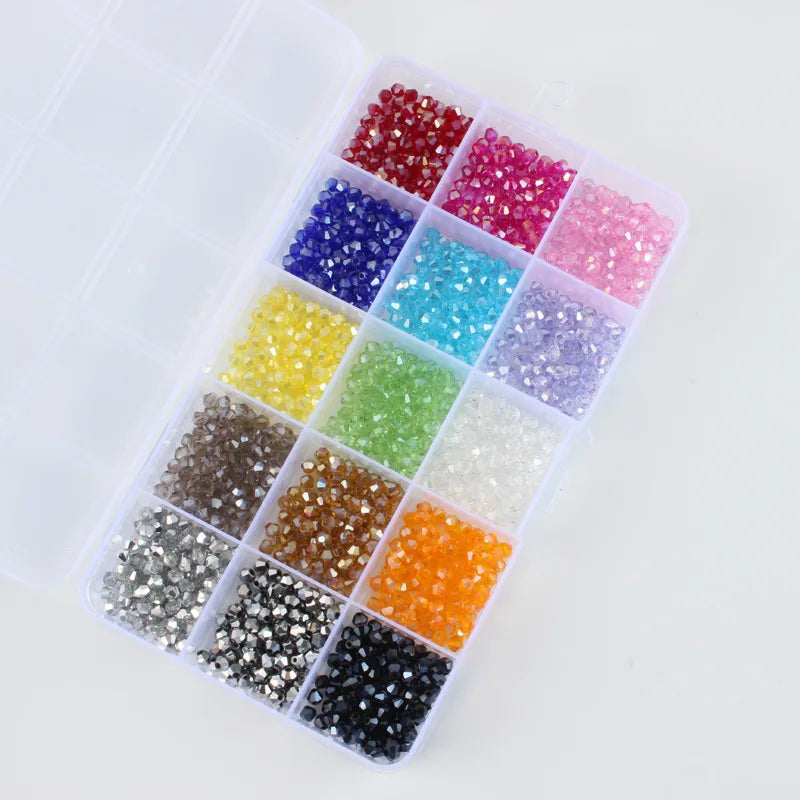 3 4 6mm Bicone Crystal Beads Box Multi-faceted Set 15 Grid Loose Spacer Kit for Jewellery Making DIY