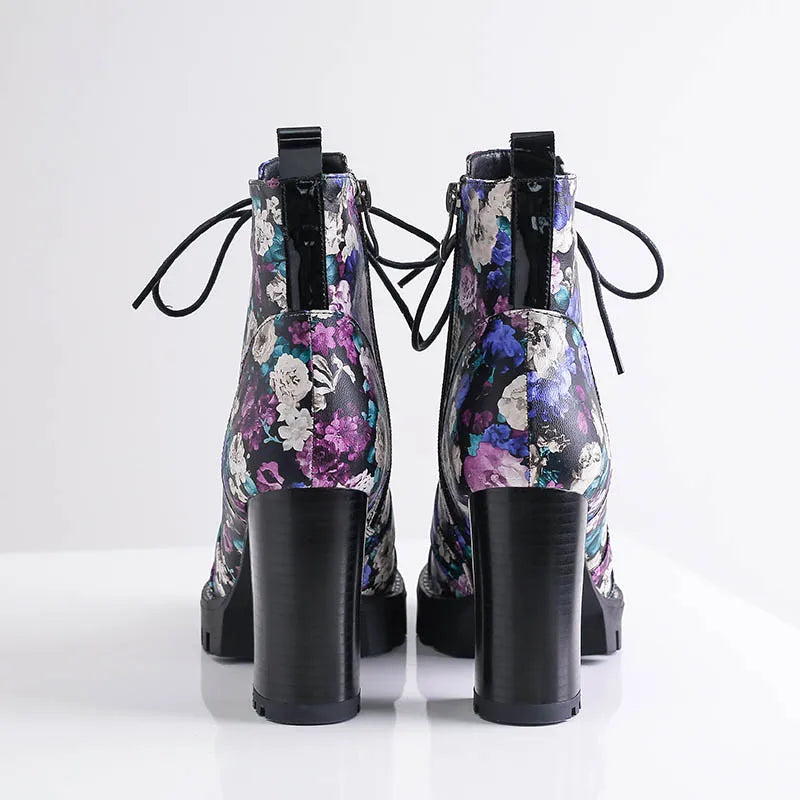 Purple Flower Print Platform Thick Heel Ankle Boots