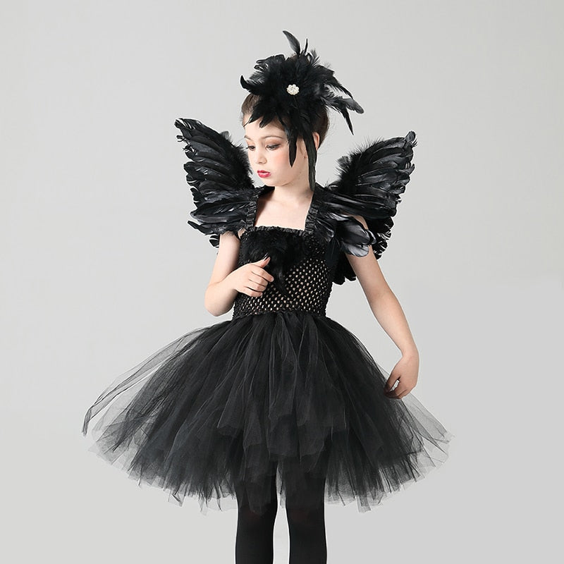 Black Swan Tulle Tutu Dress with Feather Wings and Hair Clip Halloween Costume
