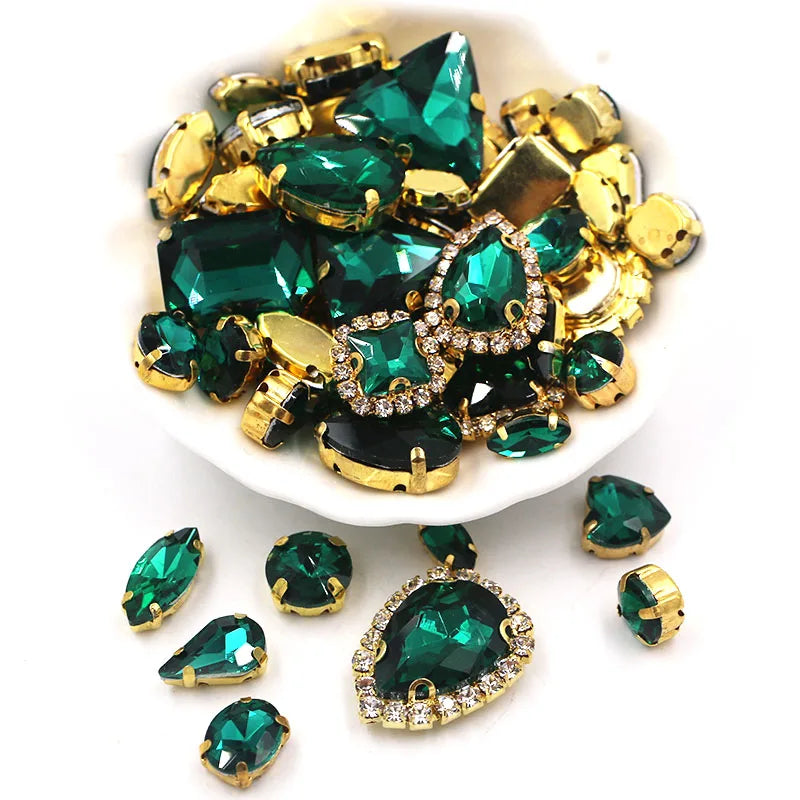 50pcs/Bag Shiny Mixed Shape Sew On Glass Rhinestone Gold Claw Crystal Buckle DIY Decoration 24 Colours