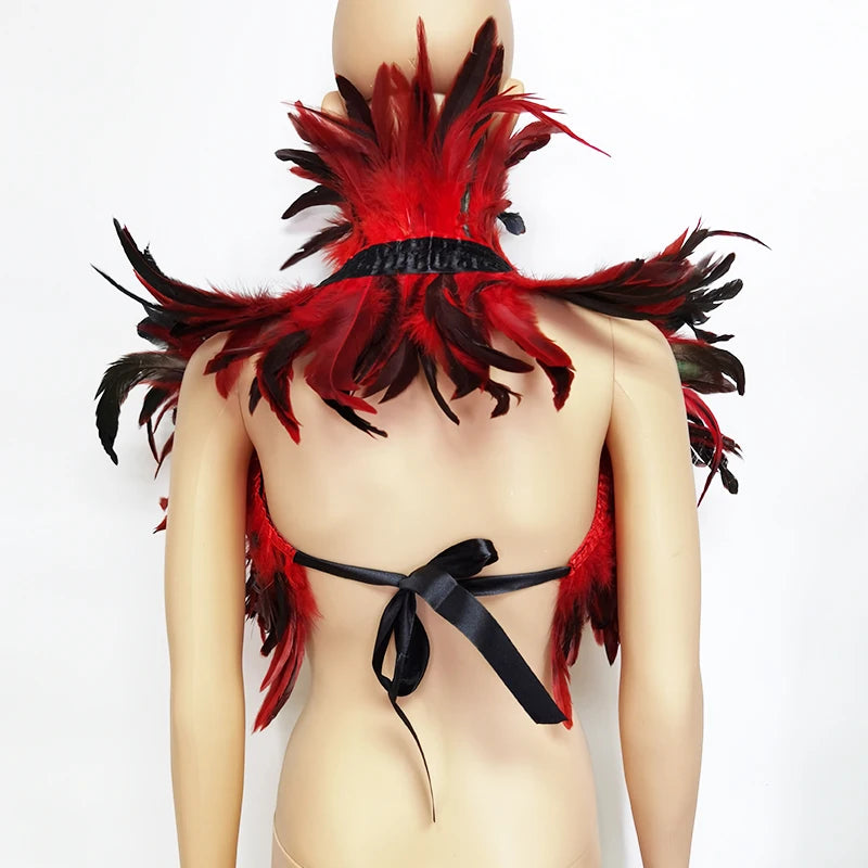 Black Rooster Feather Shrug Gothic Collar with Ribbon Ties
