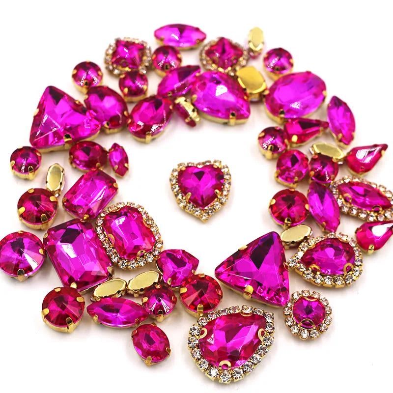 50pcs/Bag Shiny Mixed Shape Sew On Glass Rhinestone Gold Claw Crystal Buckle DIY Decoration 24 Colours
