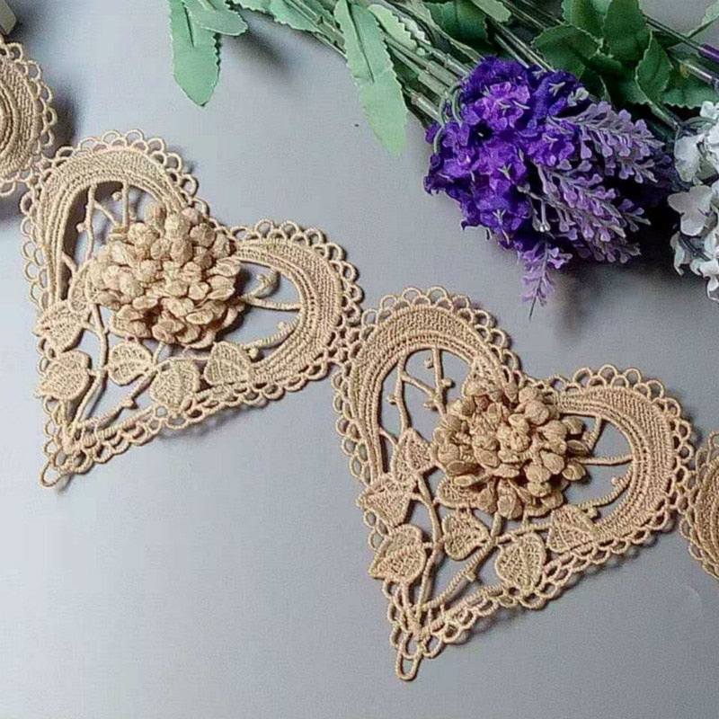 Ten Embroidered Cotton Lace Heart Flowers Lace Ribbon Trim