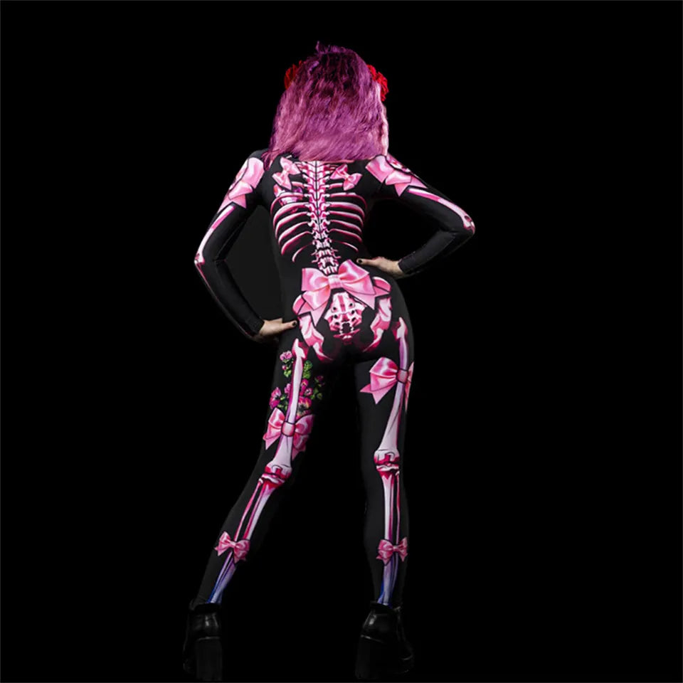 Day of the Dead Skeleton Bodycon Halloween Costume Adult Kids One Piece Rose Bodysuit