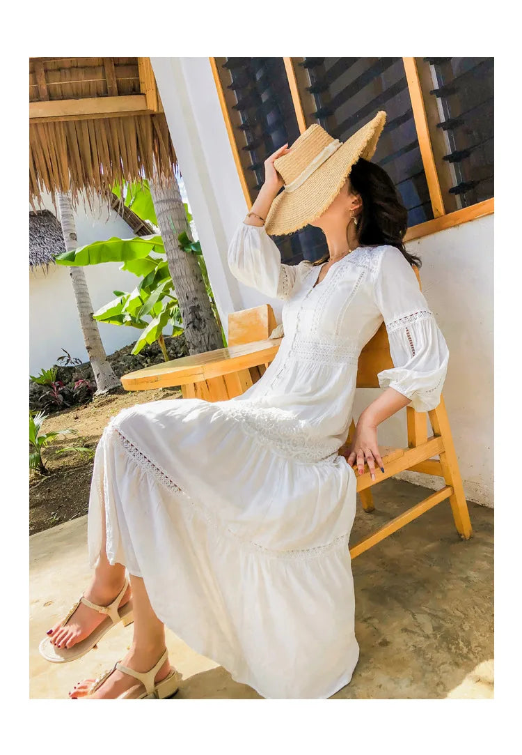 Dove's White Boho Lantern Sleeve Cotton Lace Dress