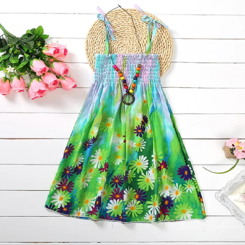 Summer Boho Girls Beach Dress 2 - 12 Years With Necklace Gift