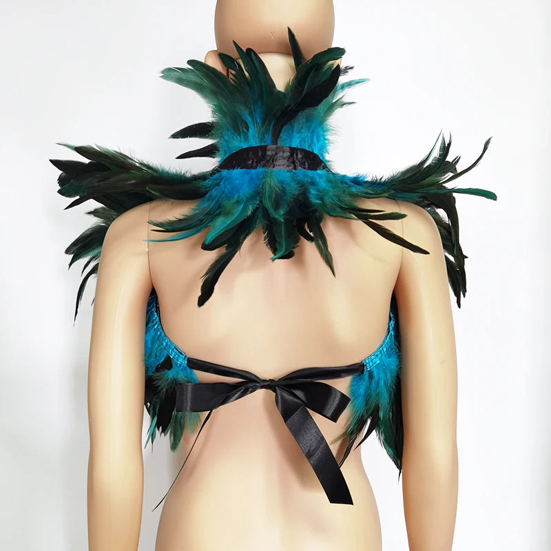 Black Rooster Feather Shrug Gothic Collar with Ribbon Ties