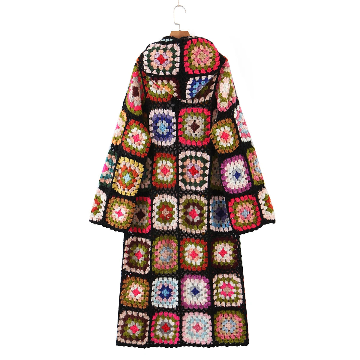 Granny Square Hand Crochet Mohair Hooded Long Cardigan