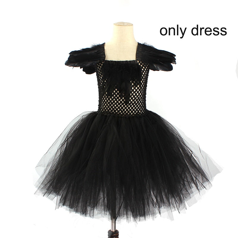 Black Swan Tulle Tutu Dress with Feather Wings and Hair Clip Halloween Costume