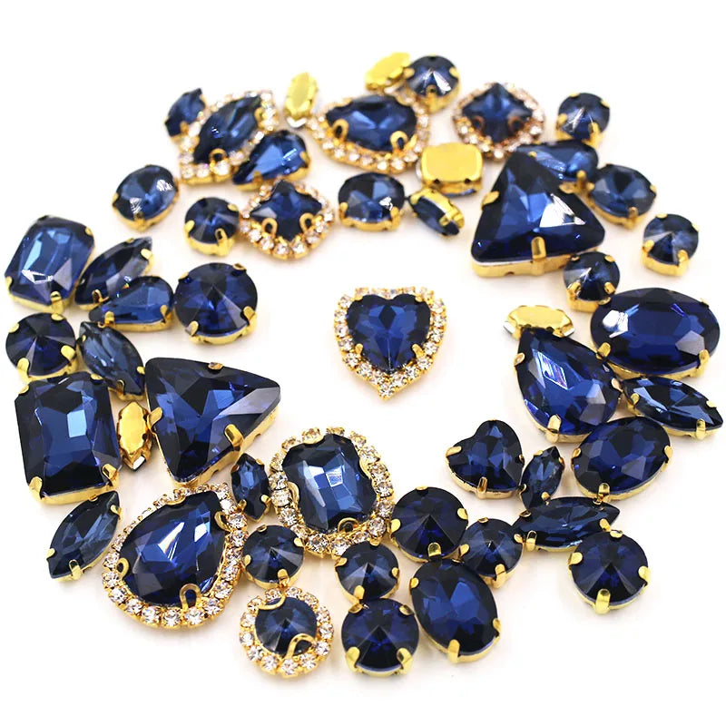 50pcs/Bag Shiny Mixed Shape Sew On Glass Rhinestone Gold Claw Crystal Buckle DIY Decoration 24 Colours