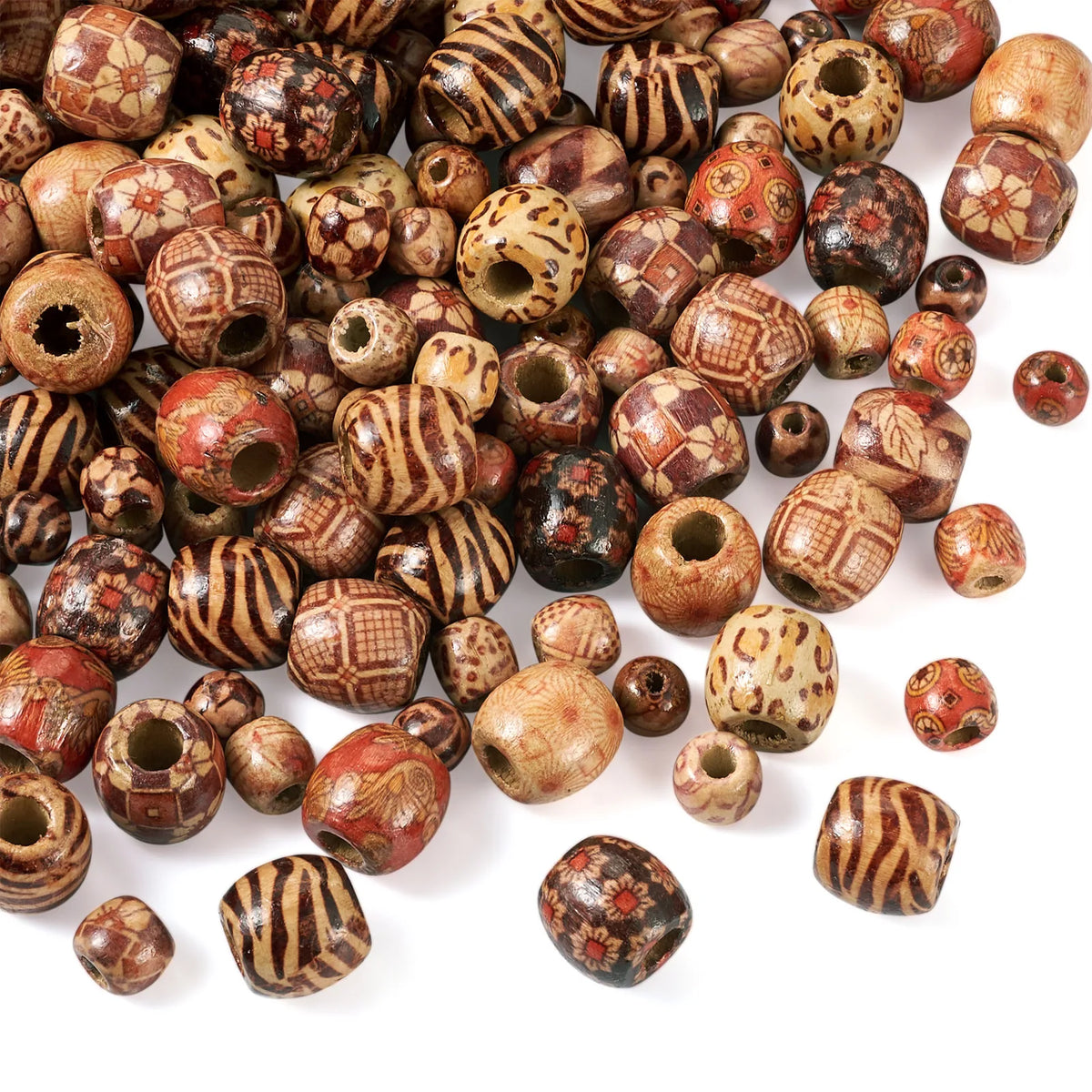 300Pcs Boho Printed Wood Beads Large Hole DIY Jewellery Making