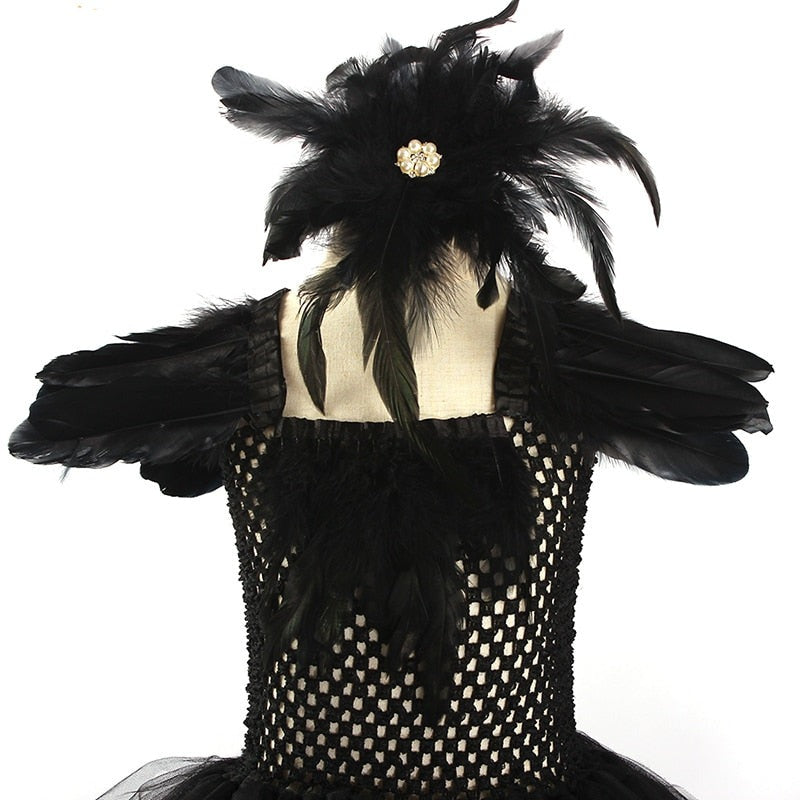 Black Swan Tulle Tutu Dress with Feather Wings and Hair Clip Halloween Costume