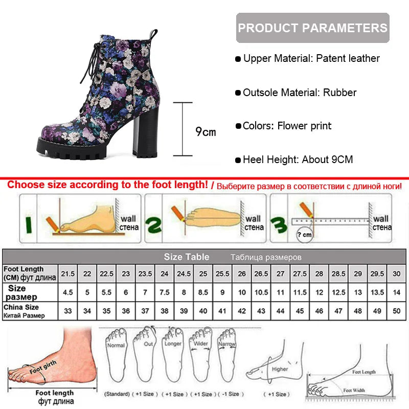 Purple Flower Print Platform Thick Heel Ankle Boots
