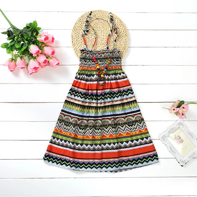 Summer Boho Girls Beach Dress 2 - 12 Years With Necklace Gift