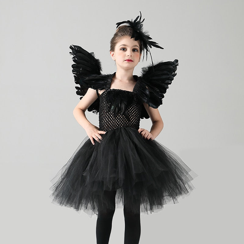 Black Swan Tulle Tutu Dress with Feather Wings and Hair Clip Halloween Costume