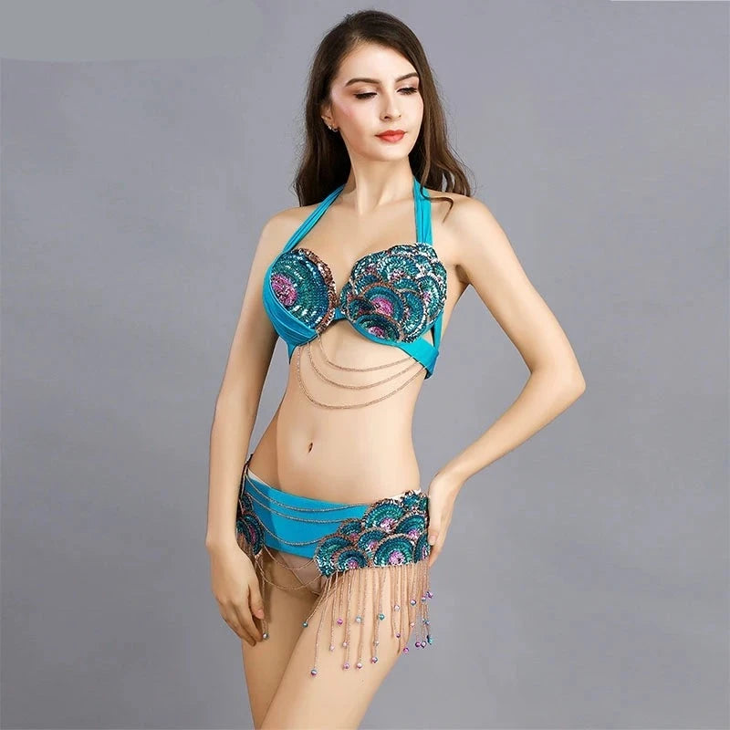 Peacock Belly Dance Beaded Bra and Belt Set