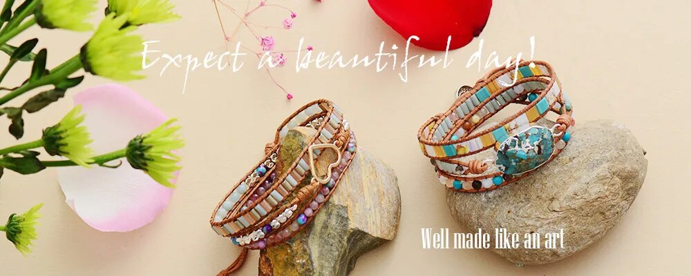 Rose Teardrop Natural Stones 3 Strand Wrap Bracelets