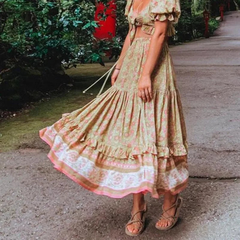 Cara's Boho Bow Front Crop Top Matching Maxi Skirt