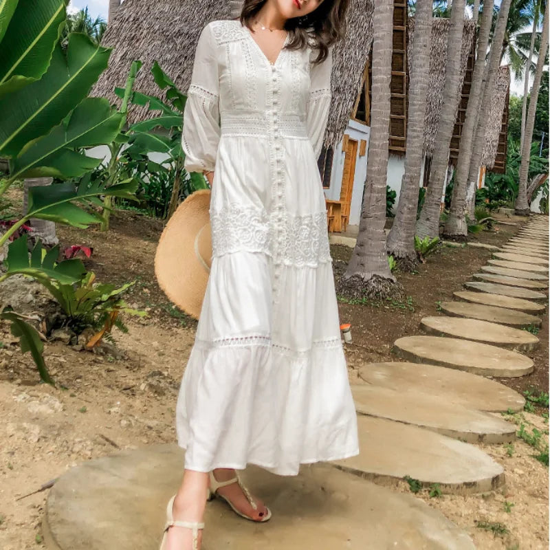 Dove's White Boho Lantern Sleeve Cotton Lace Dress