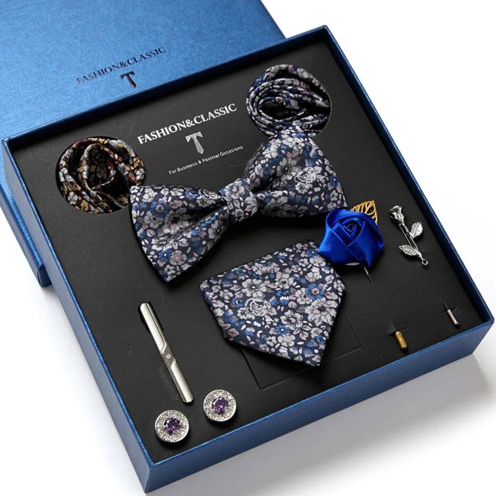 Men's 8pcs Tie Set Wedding Cravat Silk Bowtie Pocket Square Cufflinks Brooch Box Set Gifts For Men