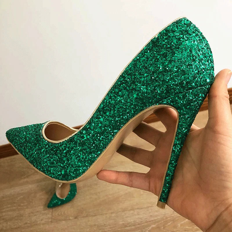 Esmerelda Glittery Green Shoes Green Stiletto High Heel Pointy Toe Shoes