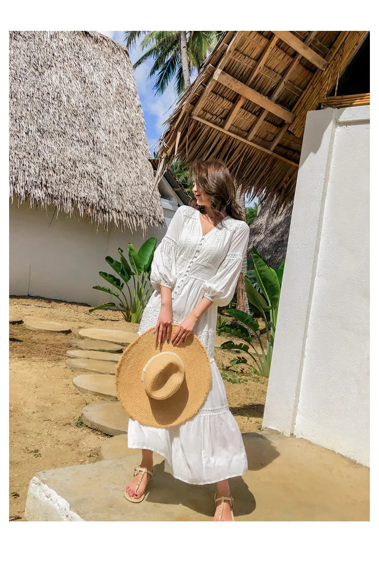 Dove's White Boho Lantern Sleeve Cotton Lace Dress