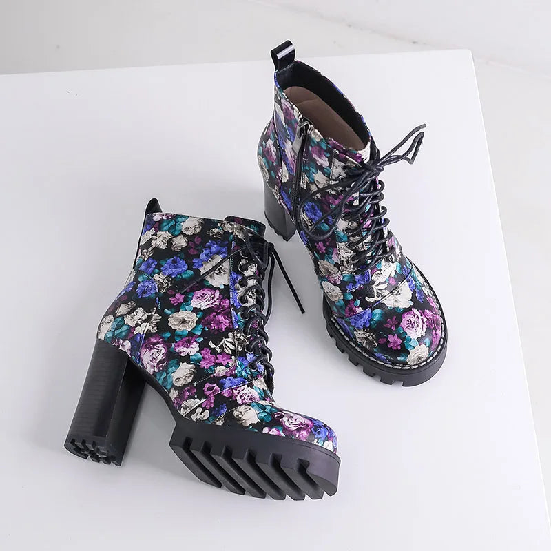 Purple Flower Print Platform Thick Heel Ankle Boots