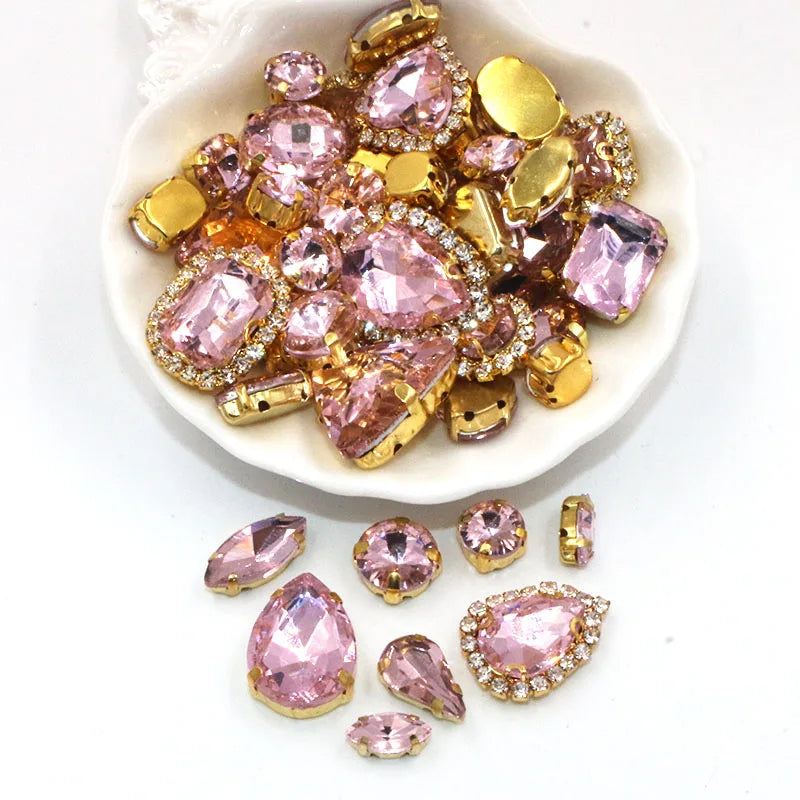 50pcs/Bag Shiny Mixed Shape Sew On Glass Rhinestone Gold Claw Crystal Buckle DIY Decoration 24 Colours