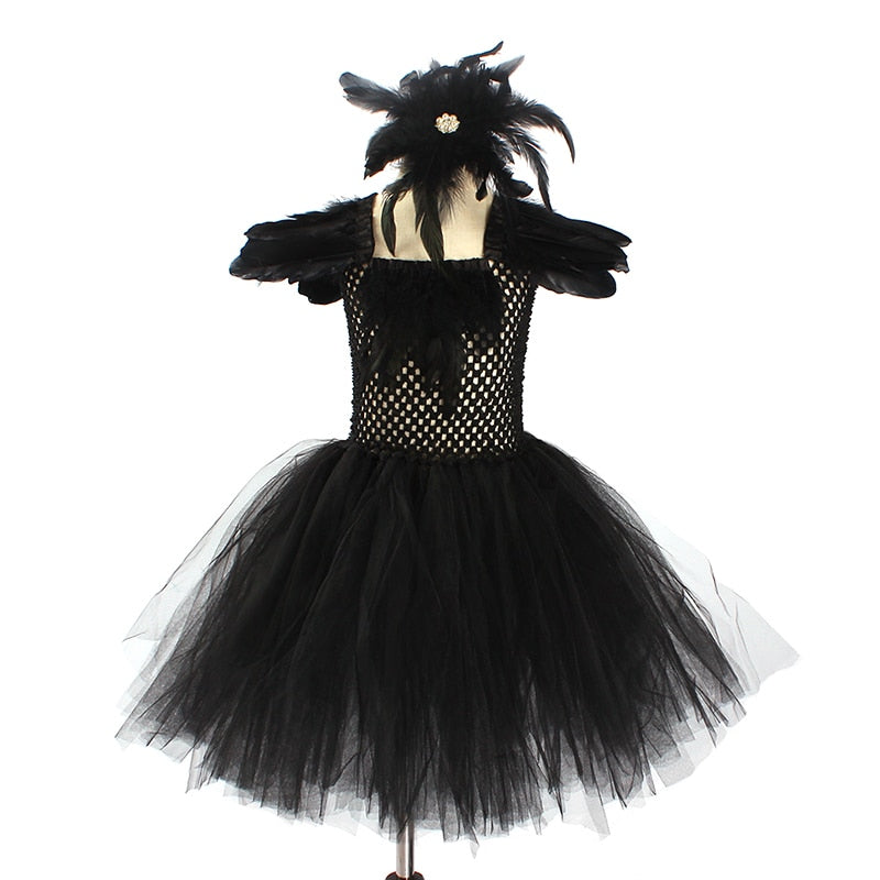 Black Swan Tulle Tutu Dress with Feather Wings and Hair Clip Halloween Costume