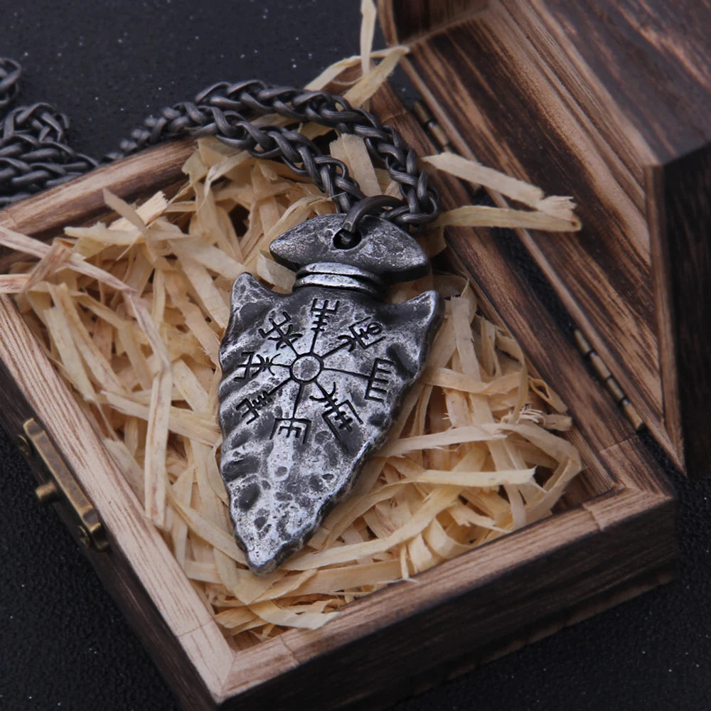 Valknut Viking Spear Stainless Steel Pendant Necklace with Wooden Box