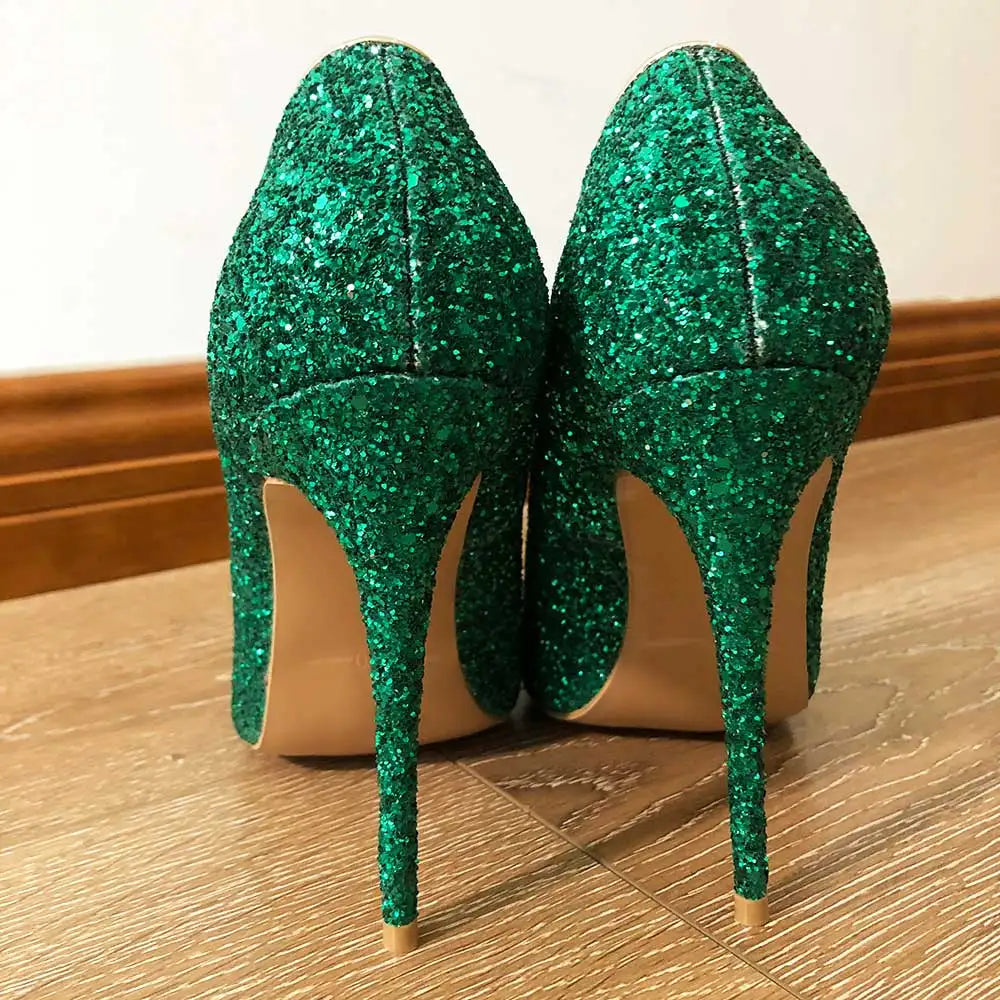 Esmerelda Glittery Green Shoes Green Stiletto High Heel Pointy Toe Shoes
