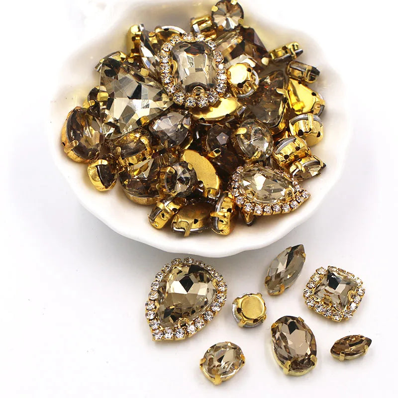 50pcs/Bag Shiny Mixed Shape Sew On Glass Rhinestone Gold Claw Crystal Buckle DIY Decoration 24 Colours