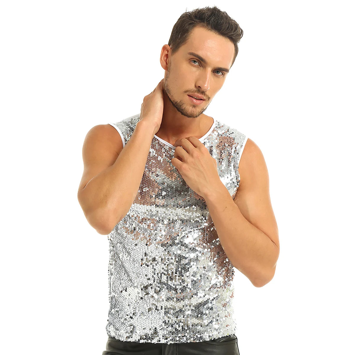 Mens Sequinned Tank Tops Festival Rave Party Clubwear