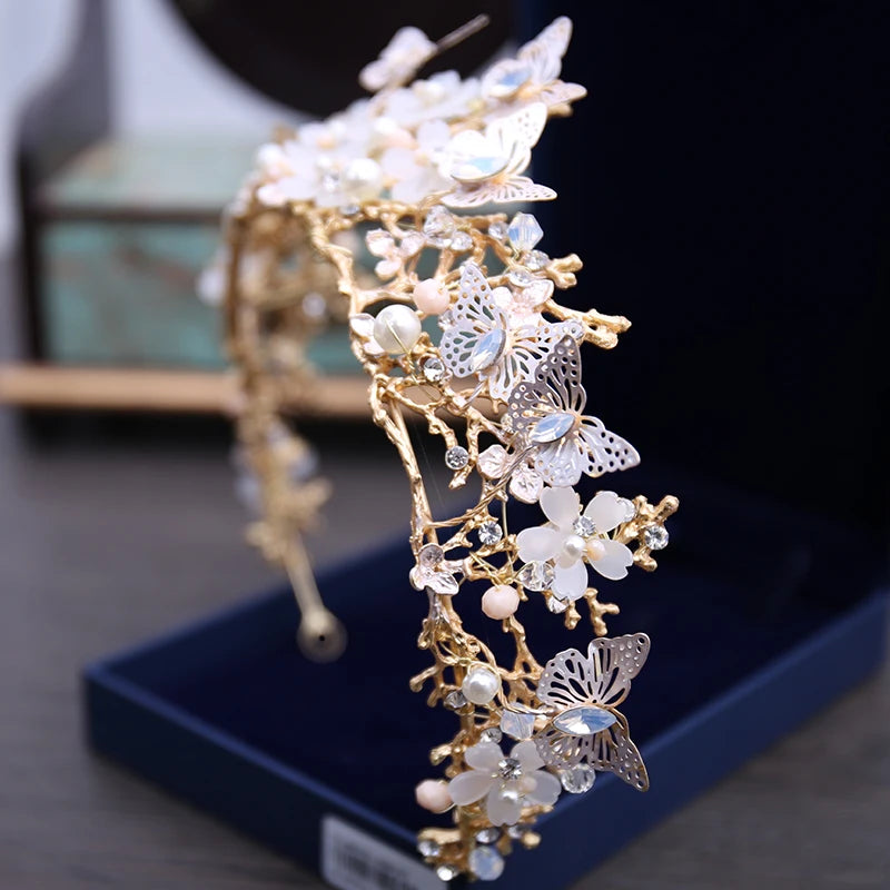 Princess Farfalla's Crystal Beads Pearl Butterfly Crown Jewellery Necklace Earrings Tiara Wedding Set